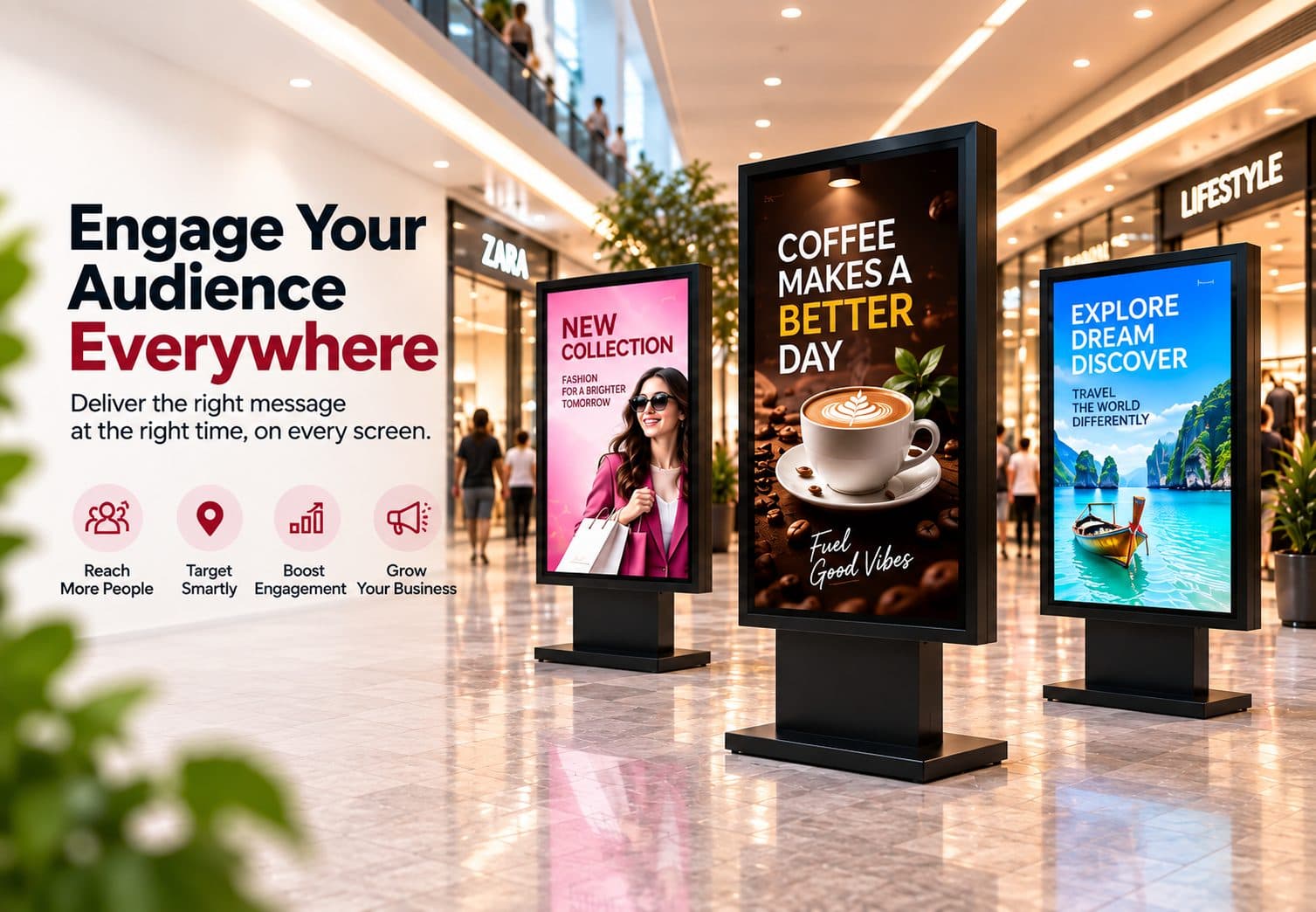 Digital signage displays in a mall showing fashion, coffee, and travel promotions engaging shoppers on every screen