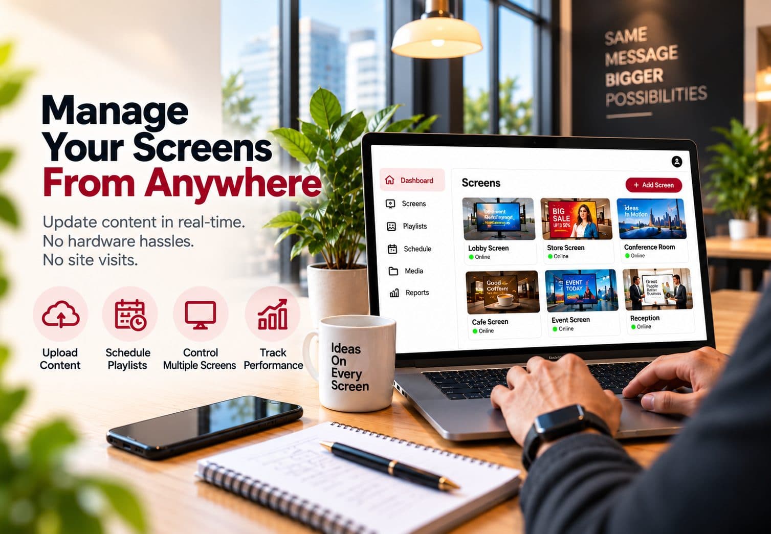 myscreenverse dashboard for managing screens, playlists, schedules, and content from anywhere.